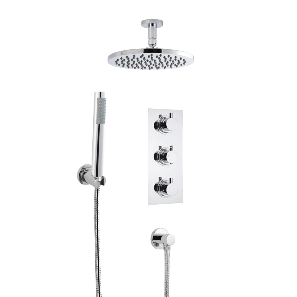Kit Doccia Completo di miscelatore Termostatico Doccia Triplo a Due Vie, Soffione Doccia Tondo, Braccio a Soffitto, Flessibile e Clip di Supporto con Gomito