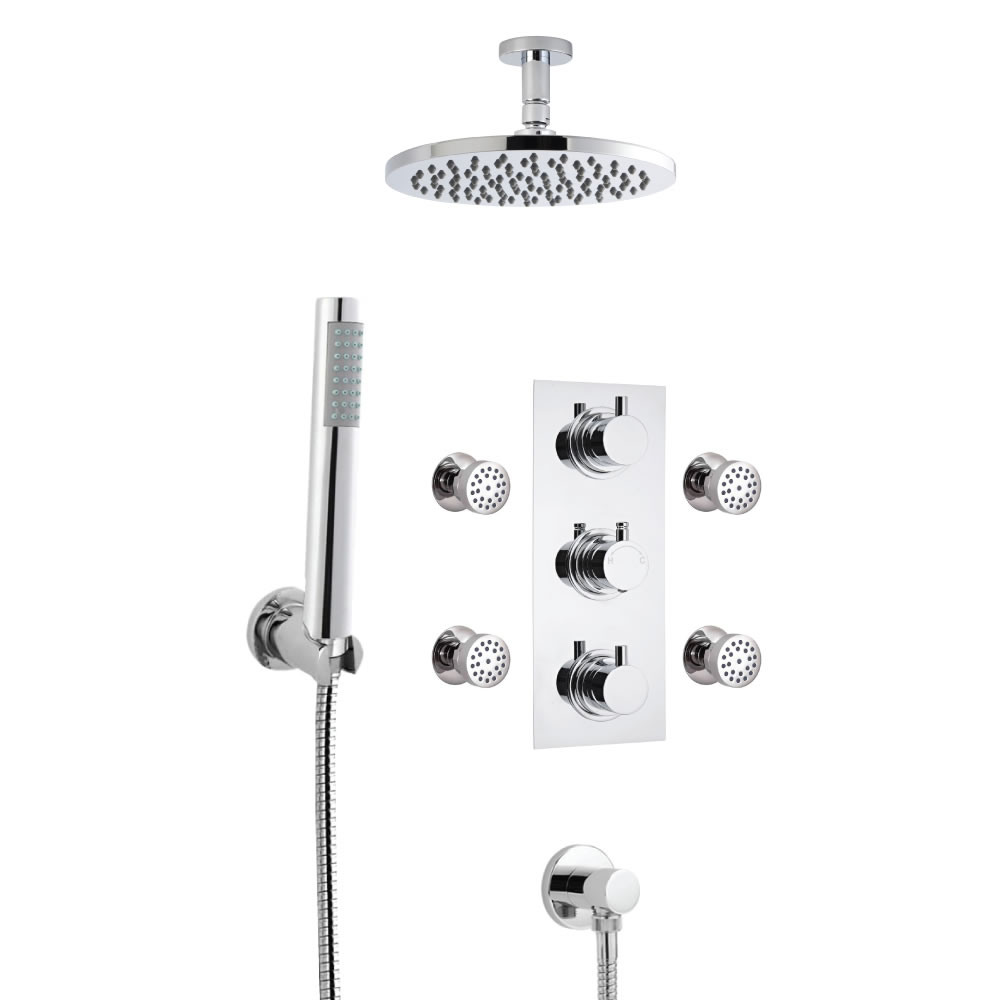 Kit Doccia Completo di miscelatore Termostatico Doccia Triplo a Due Vie, Soffione Doccia Tondo, Braccio a Soffitto, Flessibile, Clip di Supporto con Gomito e 4 Idrogetti