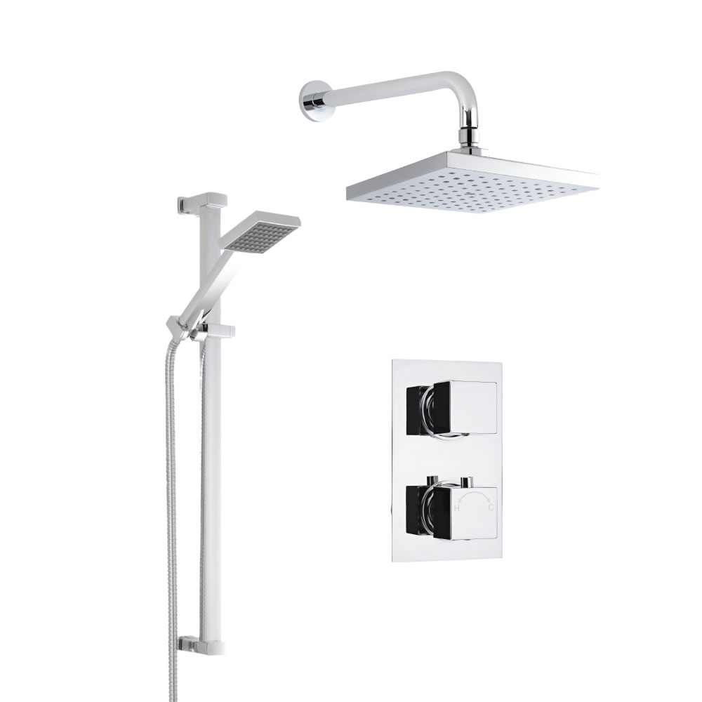 Kit Doccia Completo di miscelatore Termostatico Doccia a Due Vie, Soffione Doccia Quadrato 200x200mm con Braccio, Asta Saliscendi e Flessibile
