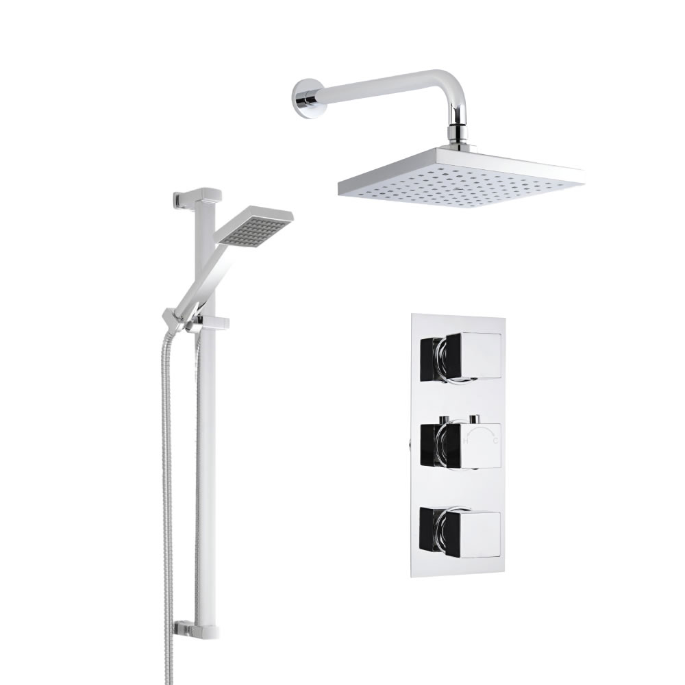 Kit Doccia Completo di miscelatore Termostatico Doccia a Due Vie, Soffione Doccia Quadrato, Braccio, Asta Saliscendi e Flessibile