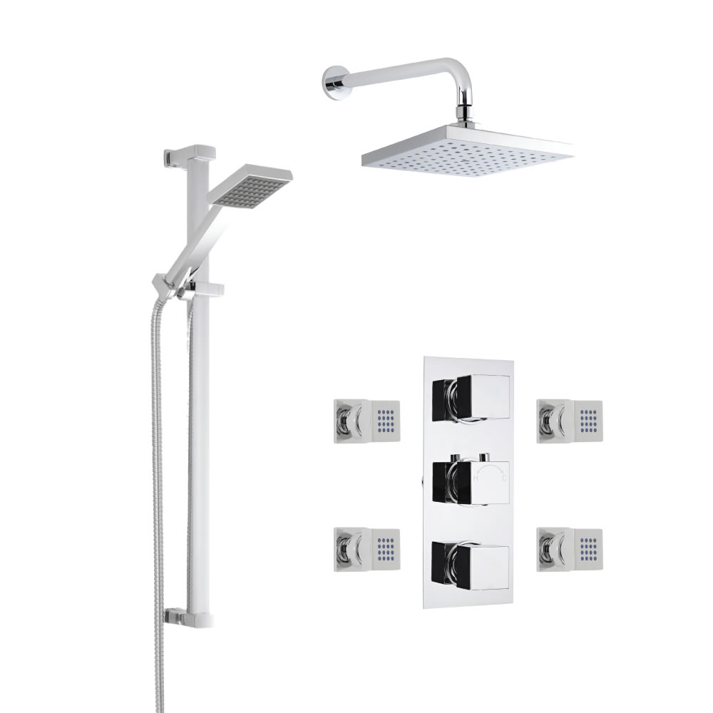 Kit Doccia Completo di miscelatore Termostatico Doccia Triplo a 3 Vie, Soffione Doccia Quadrato, Braccio, Asta Saliscendi, Flessibile e 4 Idrogetti