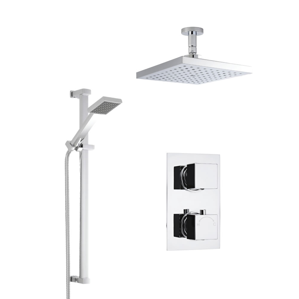 Kit Doccia Completo di miscelatore Termostatico Doccia a Due Vie, Soffione Doccia Quadrato, Braccio a Soffitto, Asta Saliscendi e Flessibile