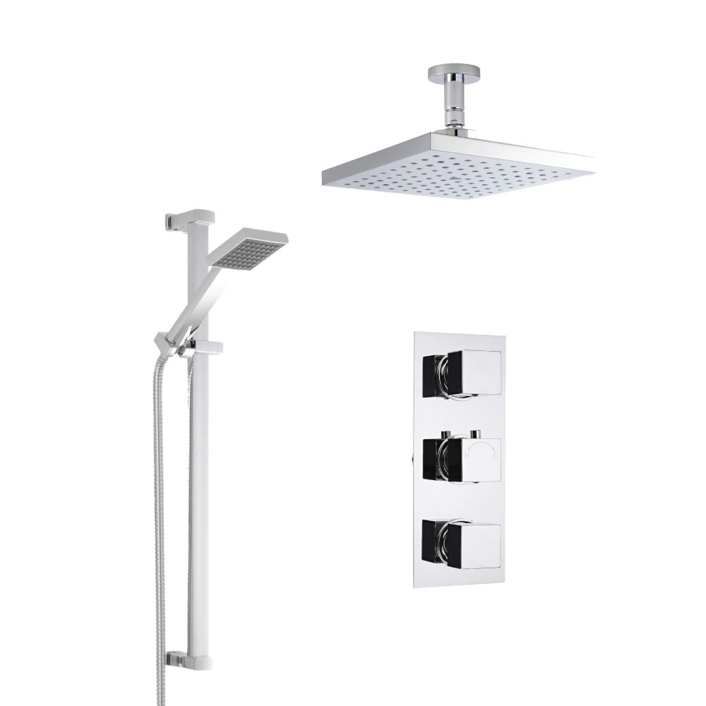 Kit Doccia Completo di miscelatore Termostatico Doccia a Due Vie, Soffione Doccia Quadrato 200x200mm, Braccio a Soffitto, Asta Saliscendi e Flessibile