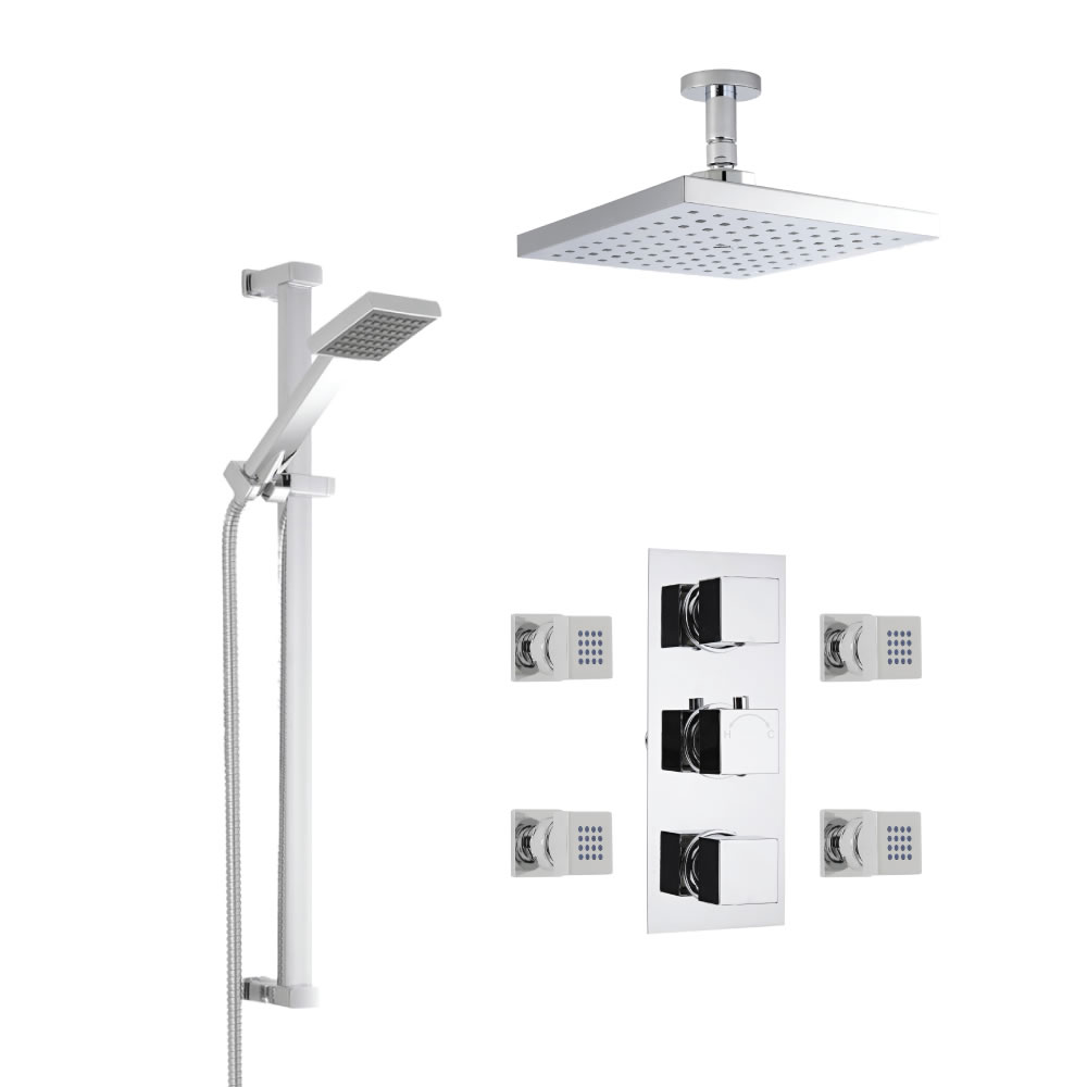 Kit Doccia Completo di miscelatore Termostatico Doccia Triplo a 3 Vie, Soffione Doccia Quadrato 200x200mm, Braccio a Soffitto, Asta Saliscendi, Flessibile e 4 Idrogetti