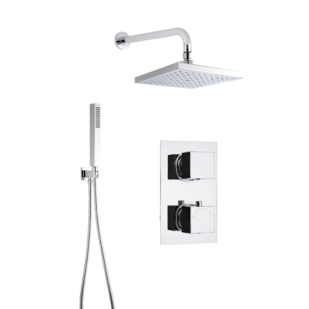 Kit Doccia Completo di miscelatore Termostatico Doccia a Due Vie, Soffione Doccia Quadrato 200x200mm, Braccio Murale, Doccetta, Flessibile e Gomito con Clip di Supporto