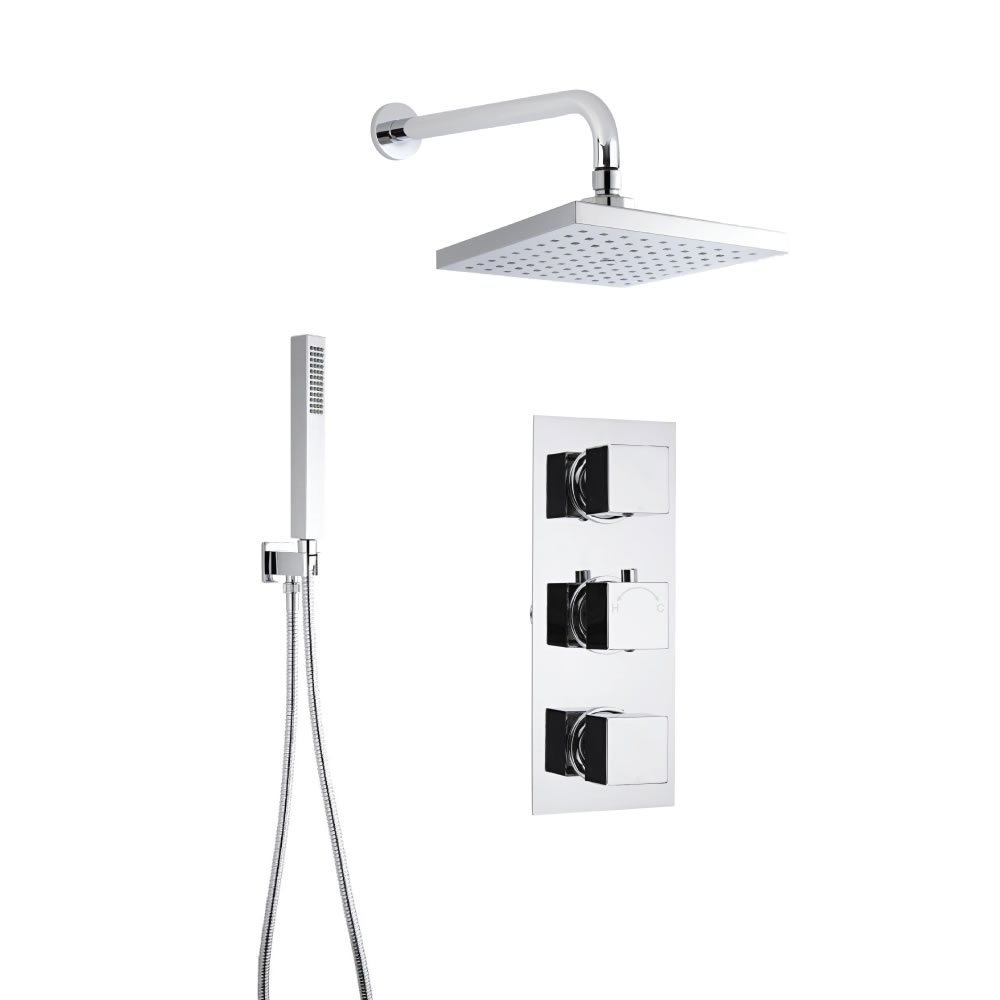 Kit Doccia Completo di miscelatore Termostatico Doccia Triplo a Due Vie, Soffione Doccia Quadrato 200x200mm, Braccio Murale, Doccetta, Flessibile e Gomito con Clip di Supporto