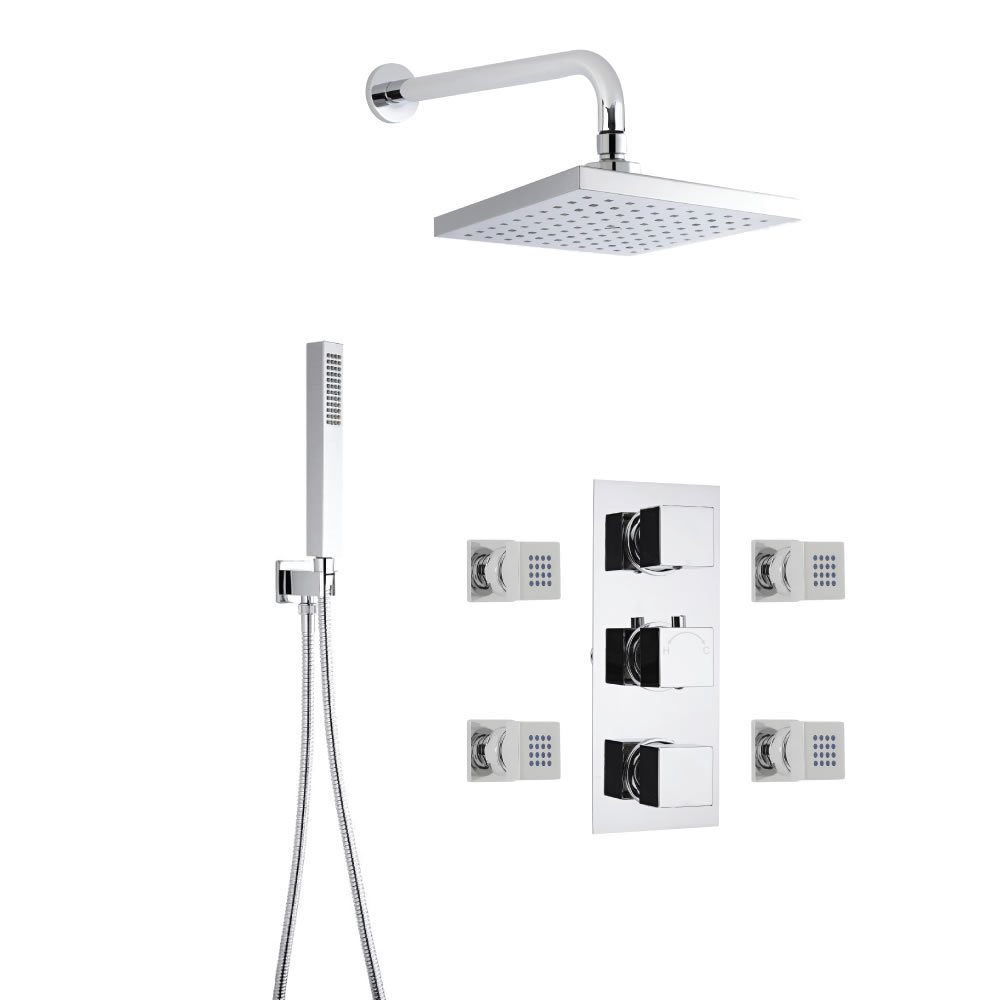 Kit Doccia Completo di miscelatore Termostatico Doccia Triplo a Tre Vie, Soffione Doccia Quadrato, Braccio Murale, Doccetta, 4 Idrogetti, Flessibile e Gomito con Clip di Supporto
