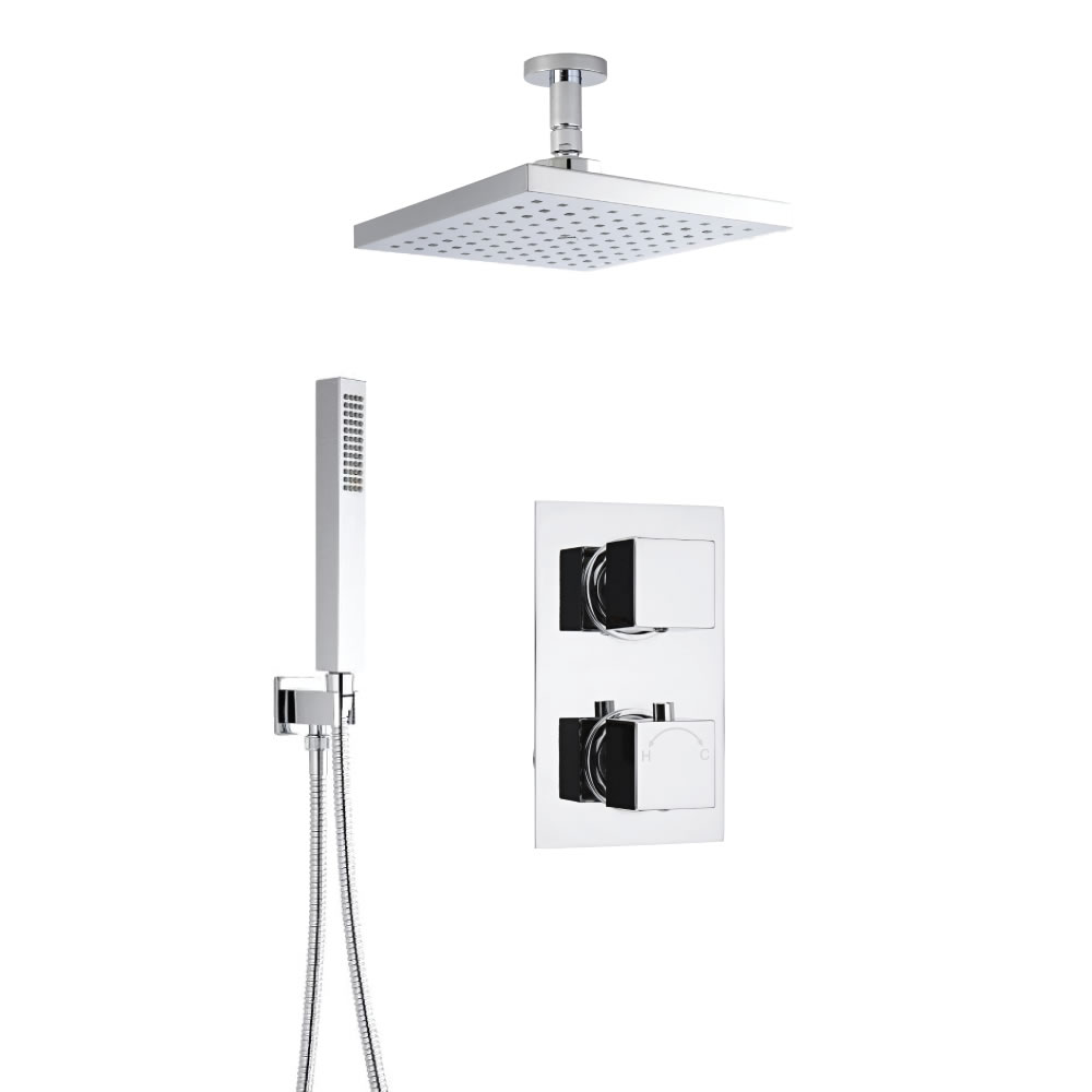 Kit Doccia Completo di Miscelatore Termostatico Doccia a Due Vie, Soffione Doccia Quadrato 200x200mm, Braccio a Soffitto, Flessibile e Clip di Supporto con Gomito