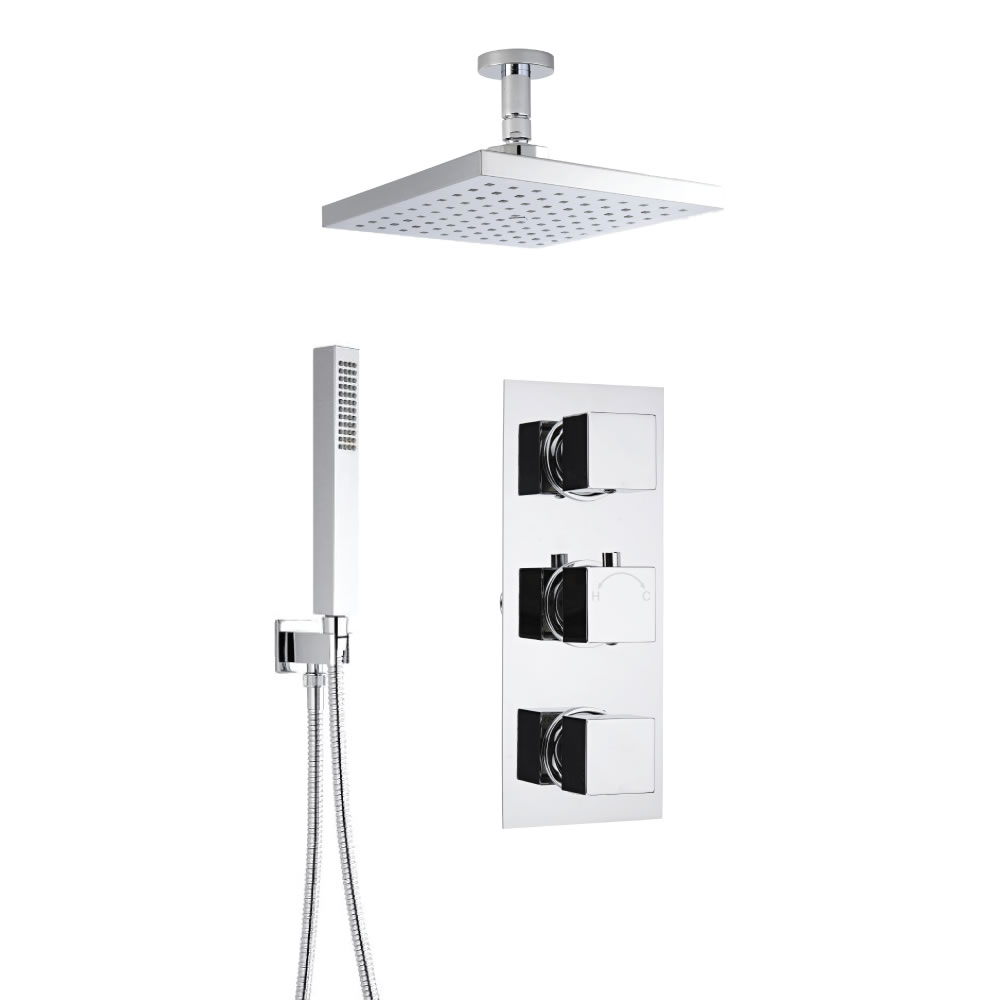 Kit Doccia Completo di miscelatore Termostatico Doccia Triplo a Due Vie, Soffione Doccia Quadrato 200x200mm, Braccio a Soffitto, Flessibile e Clip di Supporto con Gomito