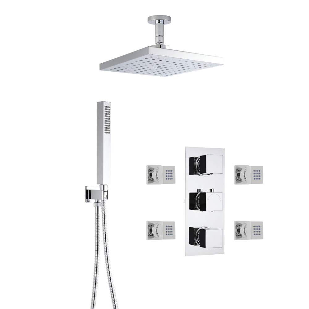 Kit Doccia Completo di miscelatore Termostatico Doccia Triplo a Due Vie, Soffione Doccia Quadrato 200x200mm, Braccio a Soffitto, Flessibile, Clip di Supporto con Gomito e 4 Idrogetti