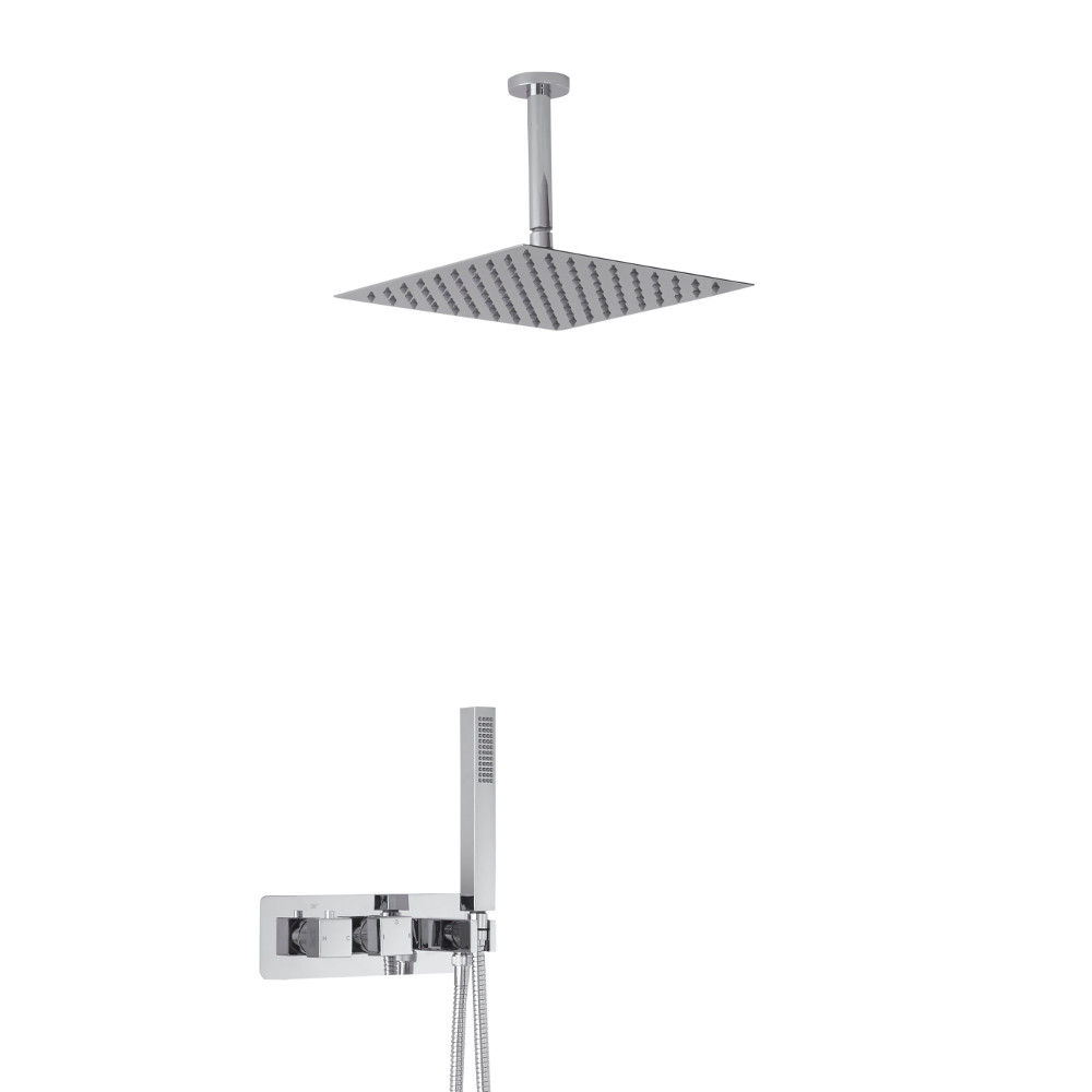 Miscelatore Doccia Incasso Quadrato a 2 Vie con Deviatore Integrato con Soffione Doccia 300mm, Braccio a Soffitto e Doccetta - Arvo
