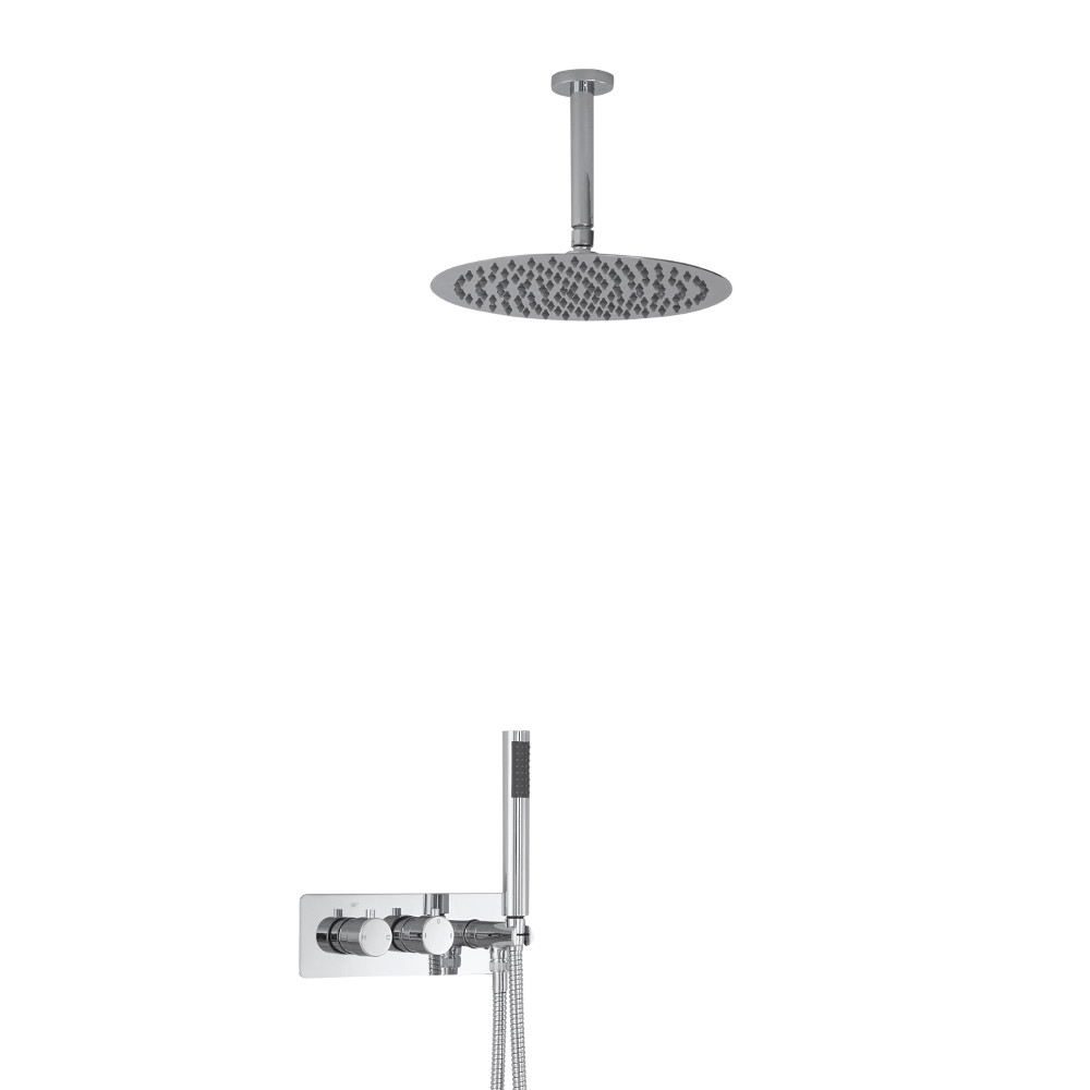 Miscelatore Doccia Incasso Quadrato a 2 Vie con Deviatore Integrato con Soffione 300mm, Braccio a Soffitto e Doccetta Design Circolare - Mirage