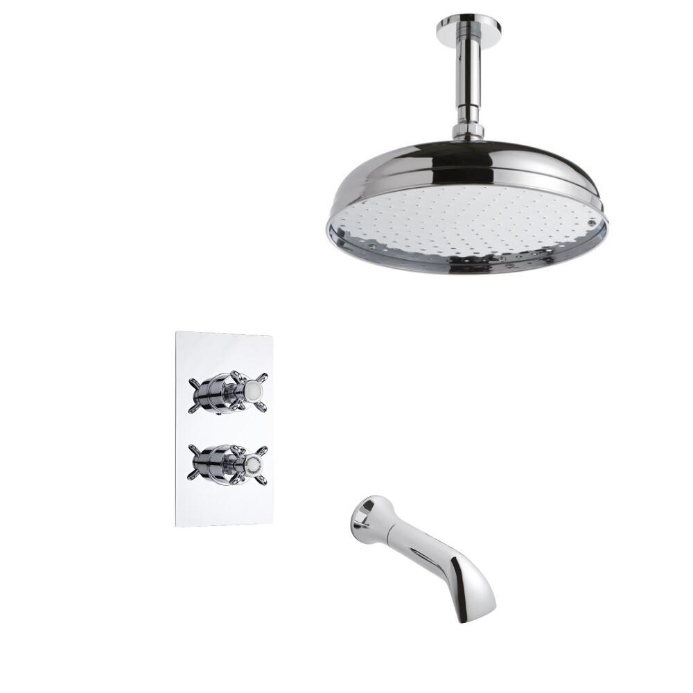 Kit Doccia Tradizionale Completo con Miscelatore Doccia Termostatico a Due Vie con Soffione Doccia 300mm, Braccio Doccia ed Erogatore per Vasca