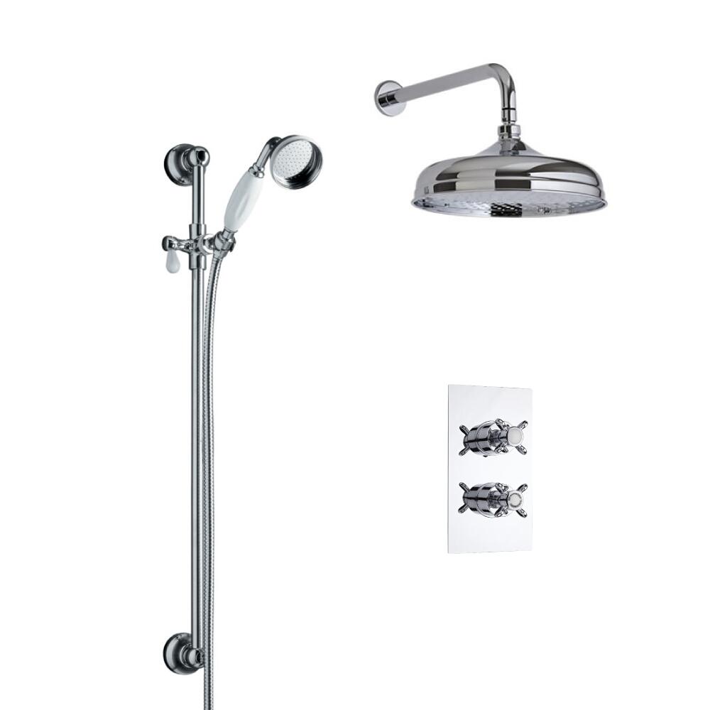 Kit Doccia Tradizionale Completo con Miscelatore Doccia Termostatico a Due Vie, Soffione Doccia 150mm, Braccio Doccia Murale, Asta Saliscendi , Doccetta e Gomito.