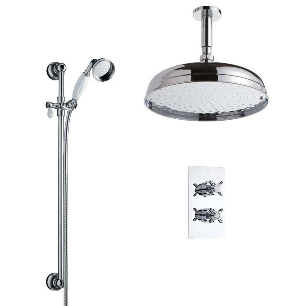 Kit Doccia Tradizionale Completo con Miscelatore Doccia Termostatico a Due Vie, Soffione Doccia 300mm, Braccio Doccia a Soffitto, Asta Saliscendi, Doccetta e Gomito.