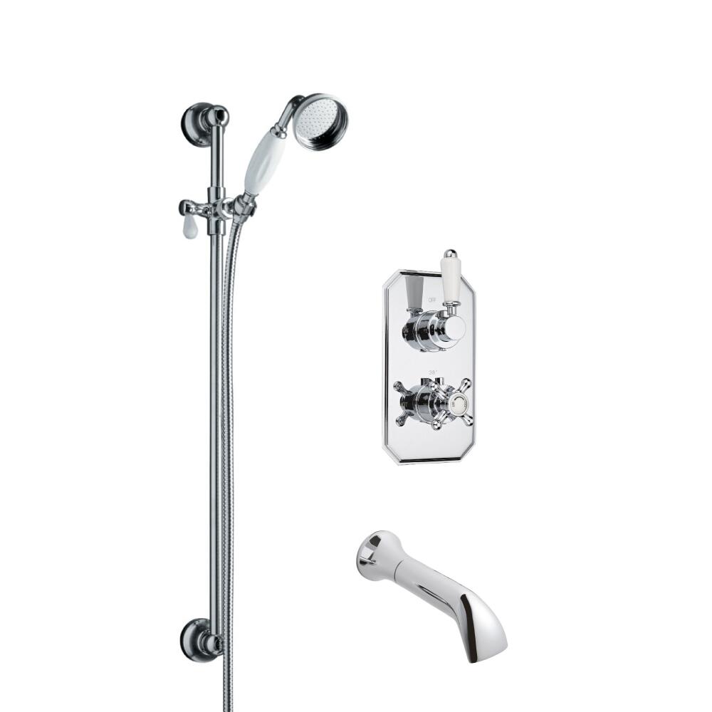Kit Doccia Tradizionale Completo con Miscelatore Termostatico Incasso a Due Vie con Asta Saliscendi, Doccetta, Flessibile Doccia, Gomito ed Erogatore per Vasca