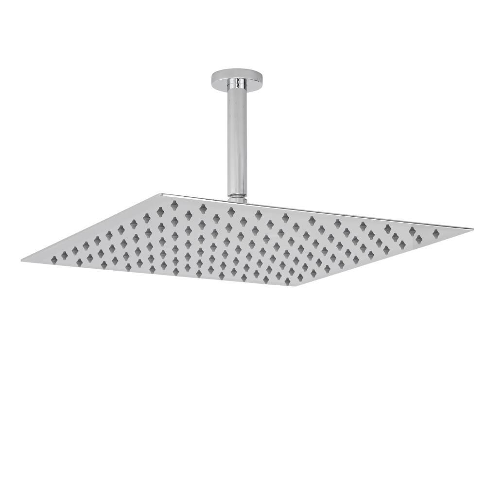 Soffione Fisso Quadrato Ultrapiatto - 400mm x 400mm - Acciaio Inox con Braccio Doccia a Soffitto