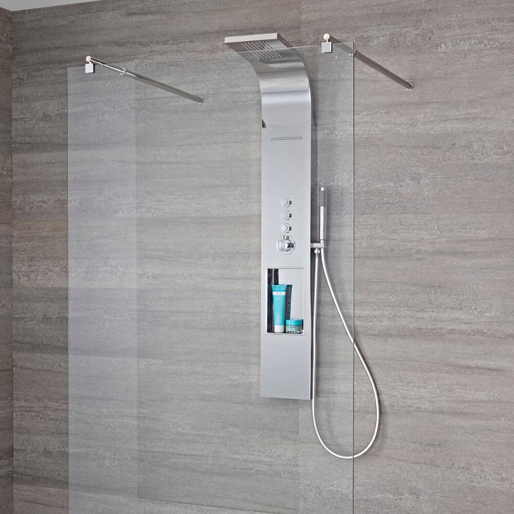 Pannello Doccia Termostatico a 3 Vie con Soffione a Pioggia, Erogatore a Cascata e Mensola Integrata - Vista