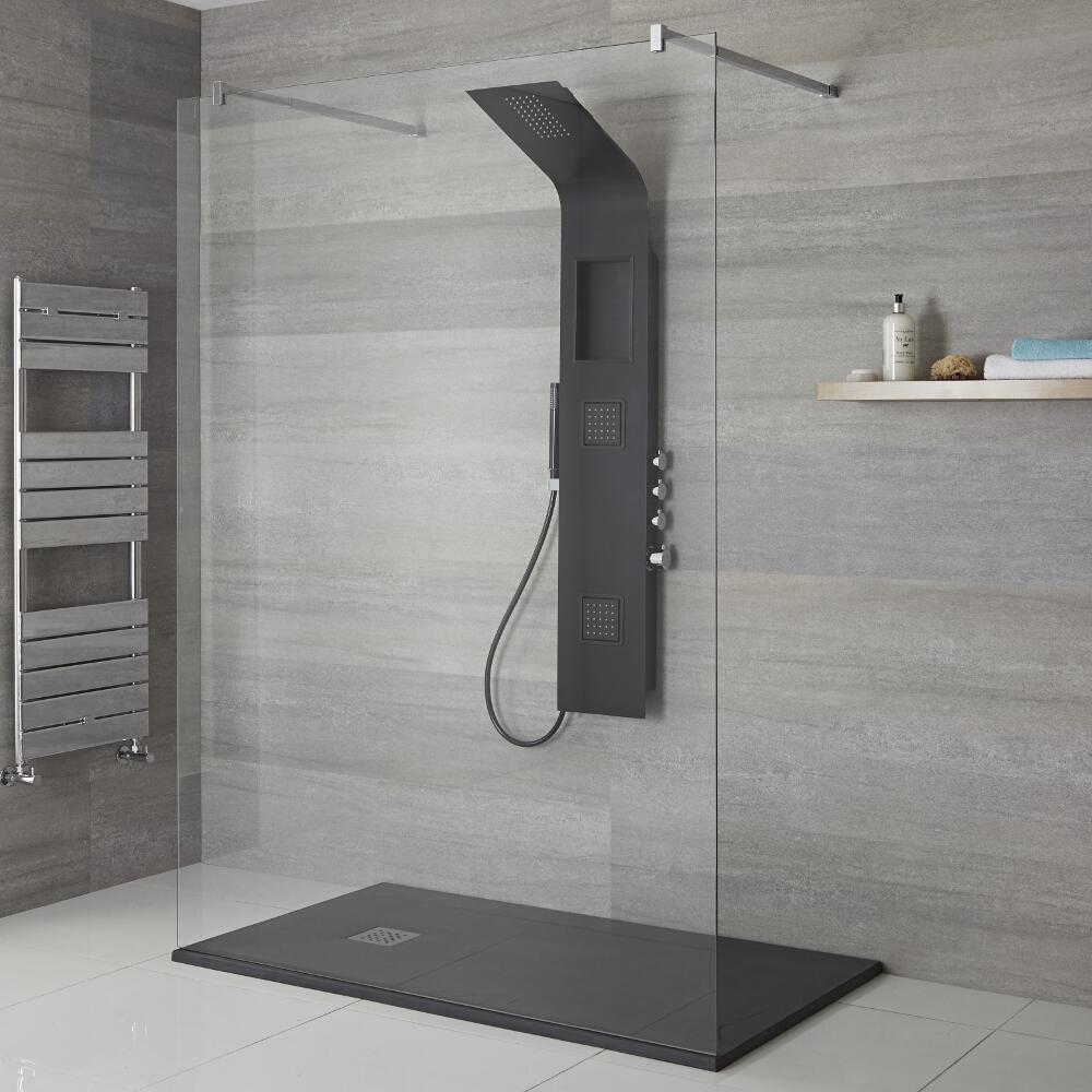 Pannello Doccia Termostatico Nero a 3 Vie in Alluminio con Soffione Doccia, Mensola Integrata e Doccetta 1450x245x495mm - Stamford