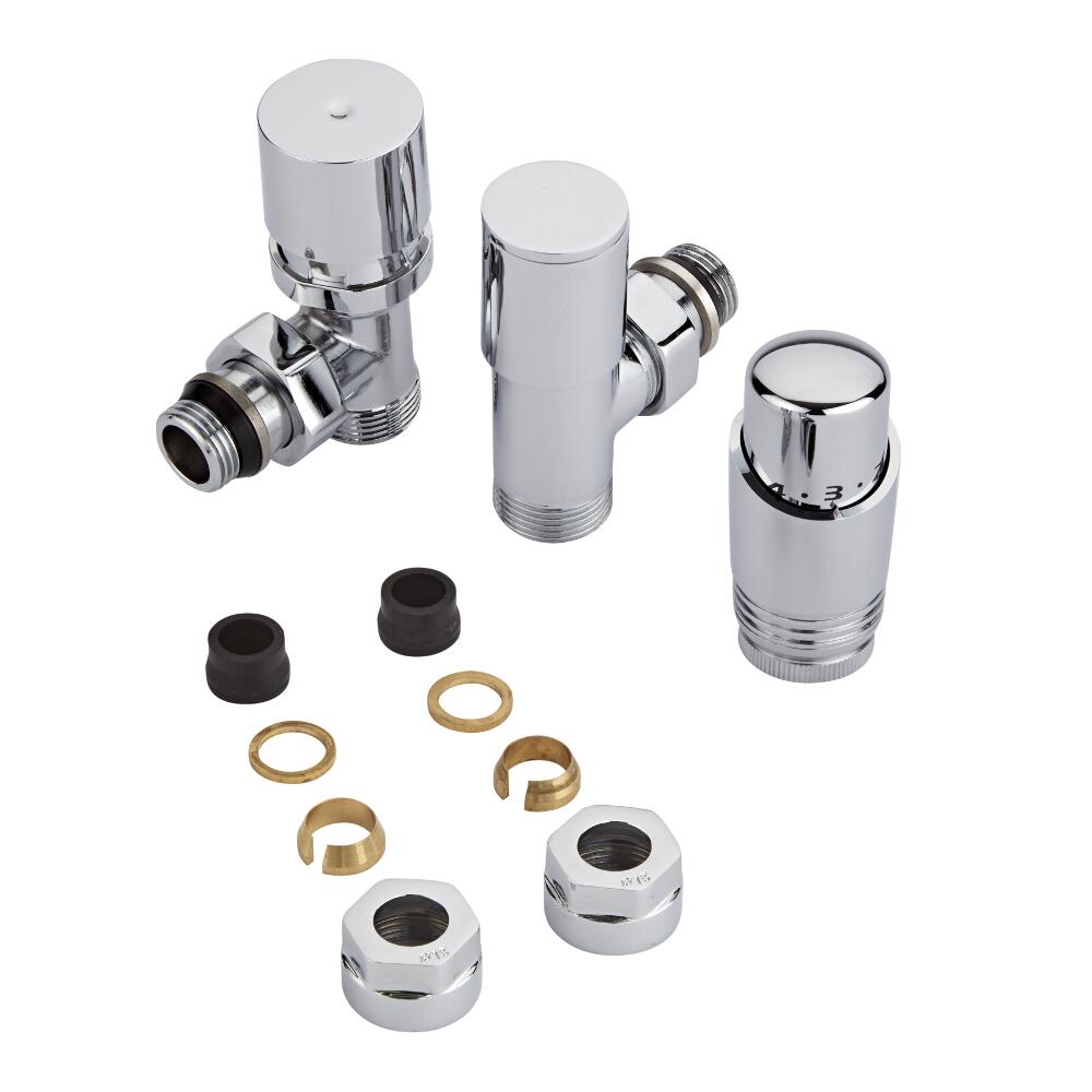 Coppia di Valvole per Radiatori e Scaldasalviette 3/4” con Testa Termostatica Cromata e Adattatori per Tubi in Rame 15mm