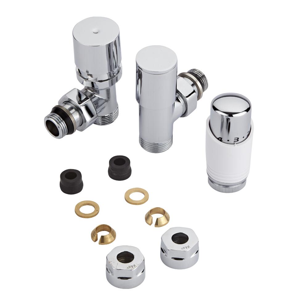 Coppia di Valvole per Radiatori e Scaldasalviette 3/4” con Testa Termostatica e Adattatori per Tubi in Rame 12mm