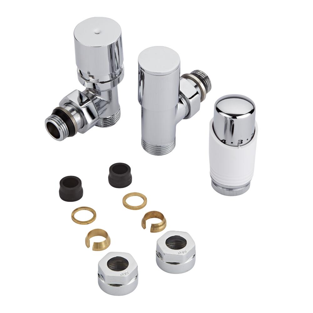 Coppia di Valvole per Radiatori e Scaldasalviette 3/4” con Testa Termostatica e Adattatori per Tubi in Rame 15mm