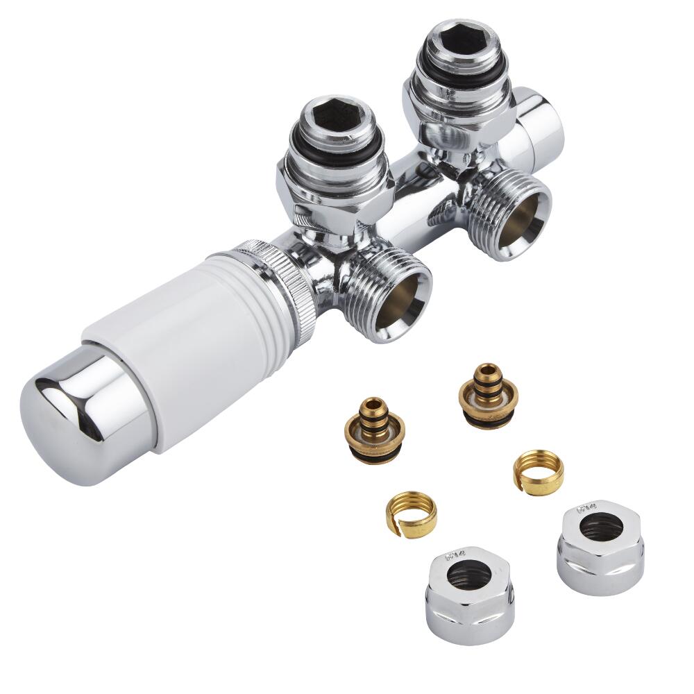 Valvole a Squadra per Radiatori e Scaldasalviette 3/4” con Testa Termostatica Bianca con Adattatore Multiplo per Raccordi 14mm - Multiblock H