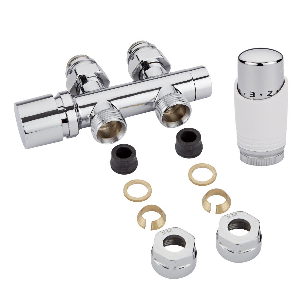 Valvole Diritte per Radiatori e Scaldasalviette 3/4” con Testa Termostatica Cromata con Bianco e Adattatori per Raccordi 14mm per Tubi in Rame - Multiblock H