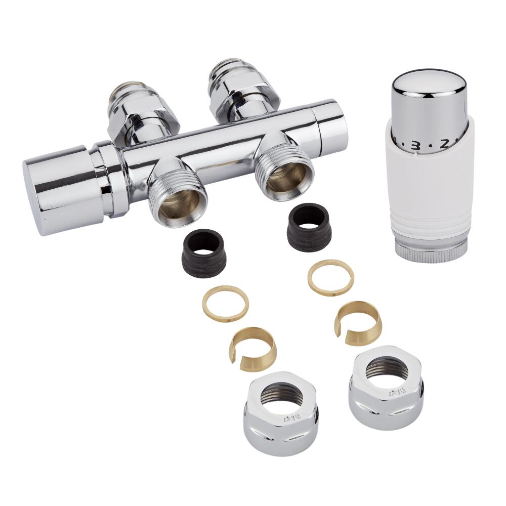 Valvole Diritte per Radiatori e Scaldasalviette 3/4” con Testa Termostatica Cromata con Bianco e Adattatori per Raccordi 16mm per Tubi in Rame - Multiblock H