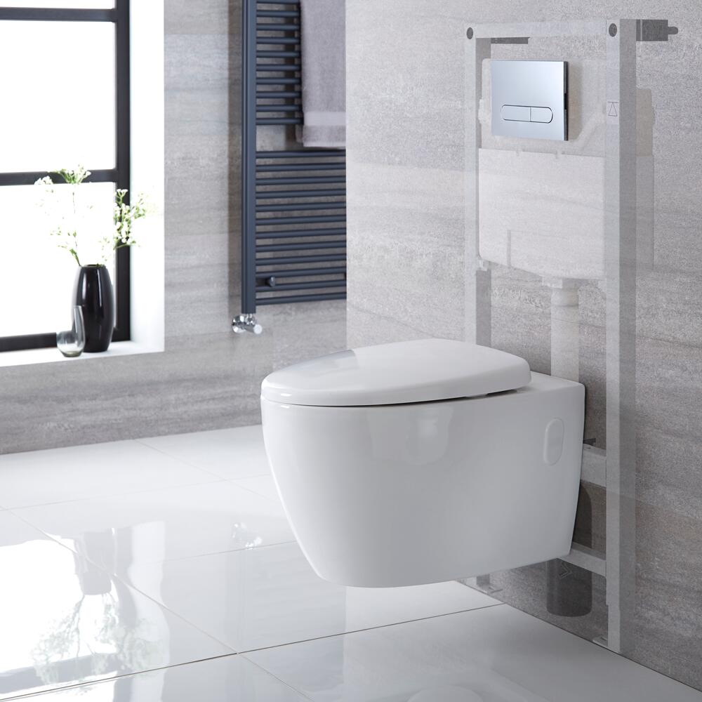 Sanitario Bagno WC Ovale Sospeso 610x420x480mm con Coprivaso, Telaio con Cassetta ad Incasso con Placca di Comando per WC A Doppio Pulsante - Kenton