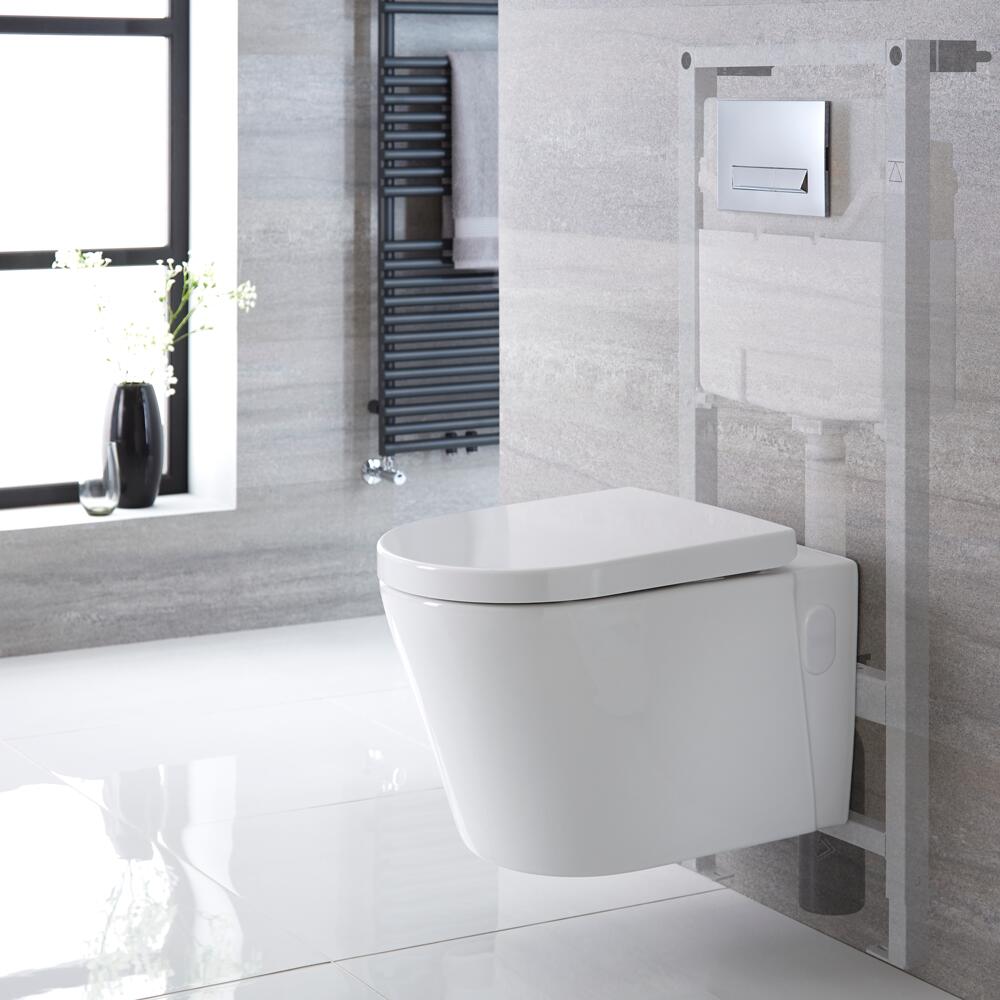 Sanitario Bagno Ovale Sospeso Completo di Coprivaso, Telaio con Cassetta ad Incasso con Placca di Comando per WC A Doppio Pulsante - Exton