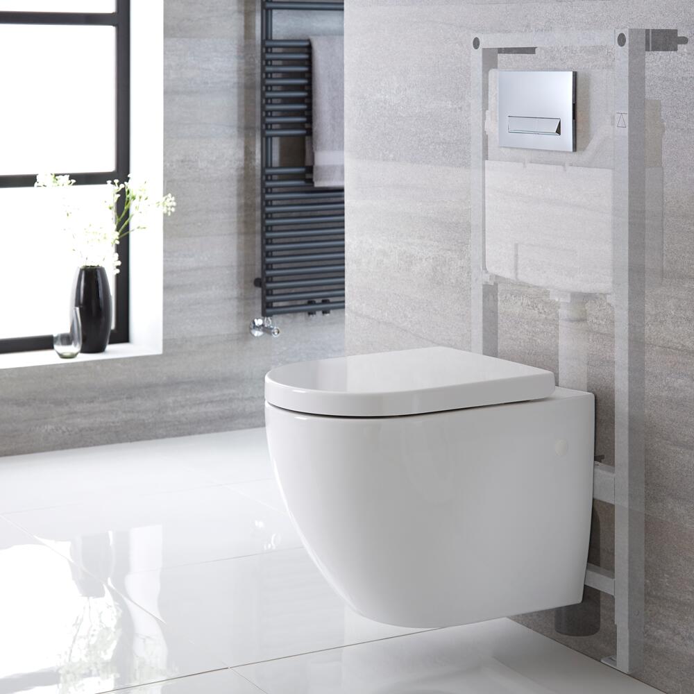 Sanitario Bagno WC Ovale Sospeso Completo di Coprivaso, Telaio con Cassetta ad Incasso con Placca di Comando per WC A Doppio Pulsante - Ashbury