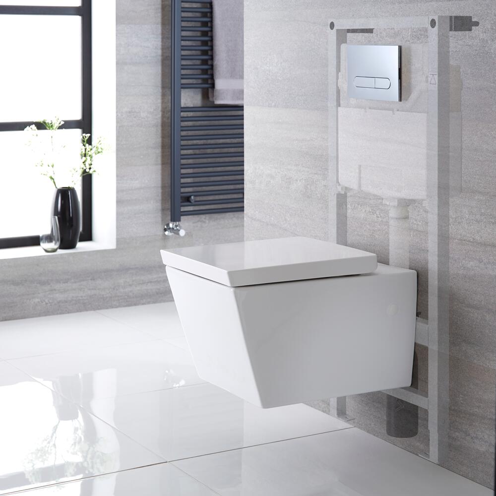 Sanitario Bagno WC Quadrato Sospeso Completo di Coprivaso, Telaio con Cassetta ad Incasso con Placca di Comando per WC A Doppio Pulsante - Halwell