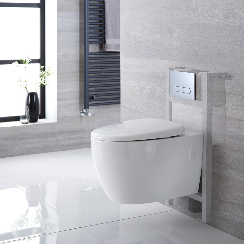Sanitario Bagno Ovale Sospeso 610x420x480mm con Coprivaso, Telaio con Cassetta ad Incasso con Placca di Comando per WC A Doppio Pulsante - Kenton