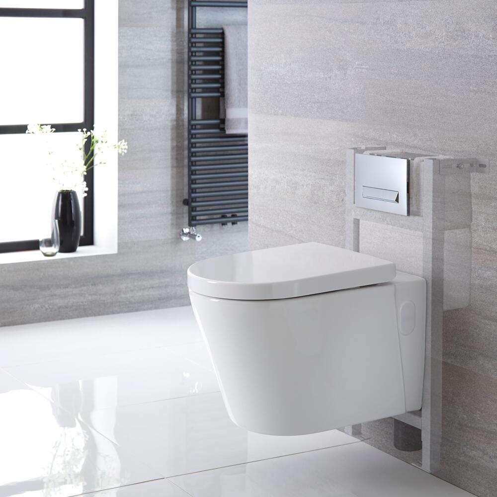 Sanitario Bagno WC Ovale Sospeso Completo Completo di Coprivaso, Telaio con Cassetta ad Incasso con Placca di Comando per WC A Doppio Pulsante - Exton