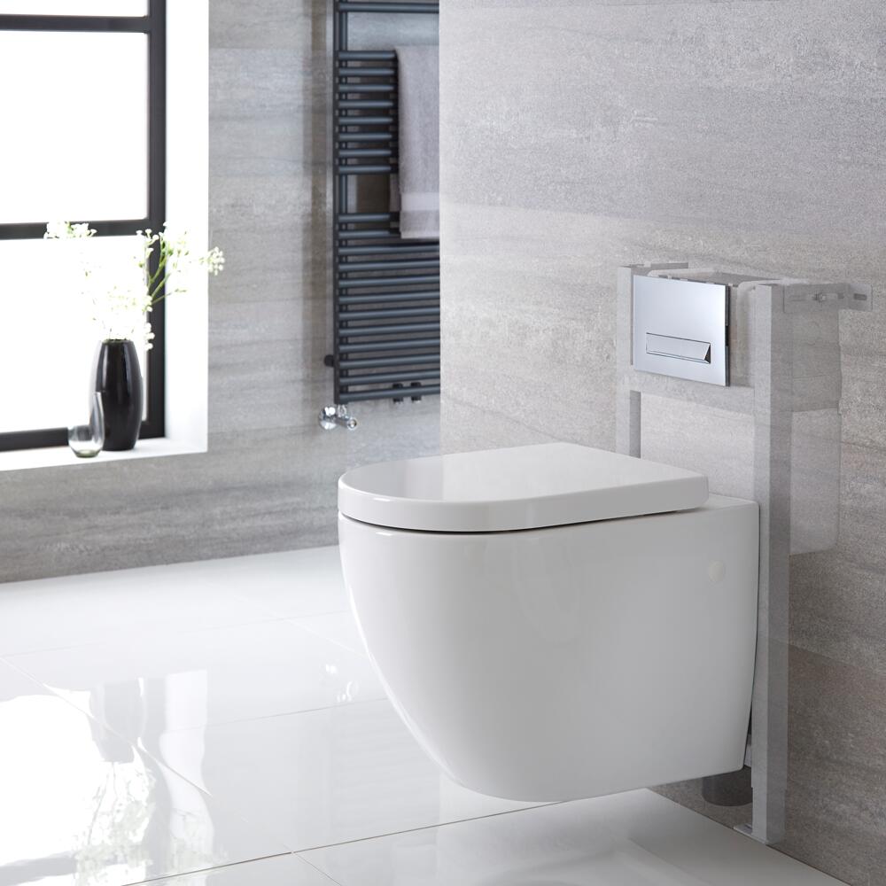 Sanitario Bagno WC Ovale Sospeso Completo di Coprivaso, Telaio con Cassetta ad Incasso con Placca di Comando per WC A Doppio Pulsante - Ashbury
