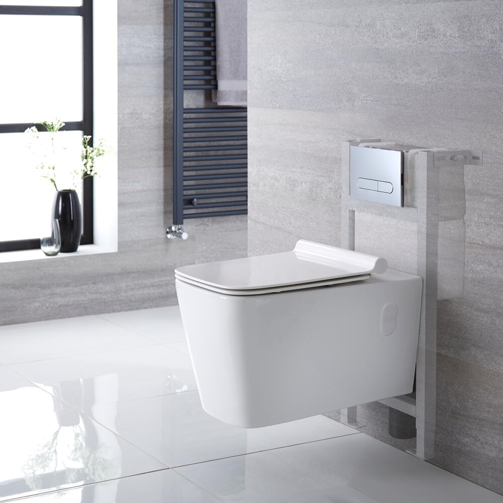 Sanitario Bagno WC Quadrato Sospeso Completo con Coprivaso, Telaio con Cassetta ad Incasso con Placca di Comando per WC A Doppio Pulsante - Sandford