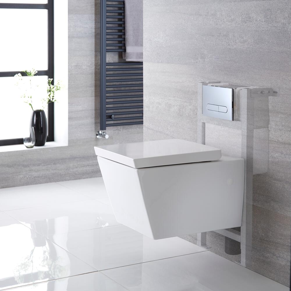 Sanitario Bagno WC Quadrato Sospeso Completo con Coprivaso, Telaio con Cassetta ad Incasso con Placca di Comando per WC A Doppio Pulsante - Halwell