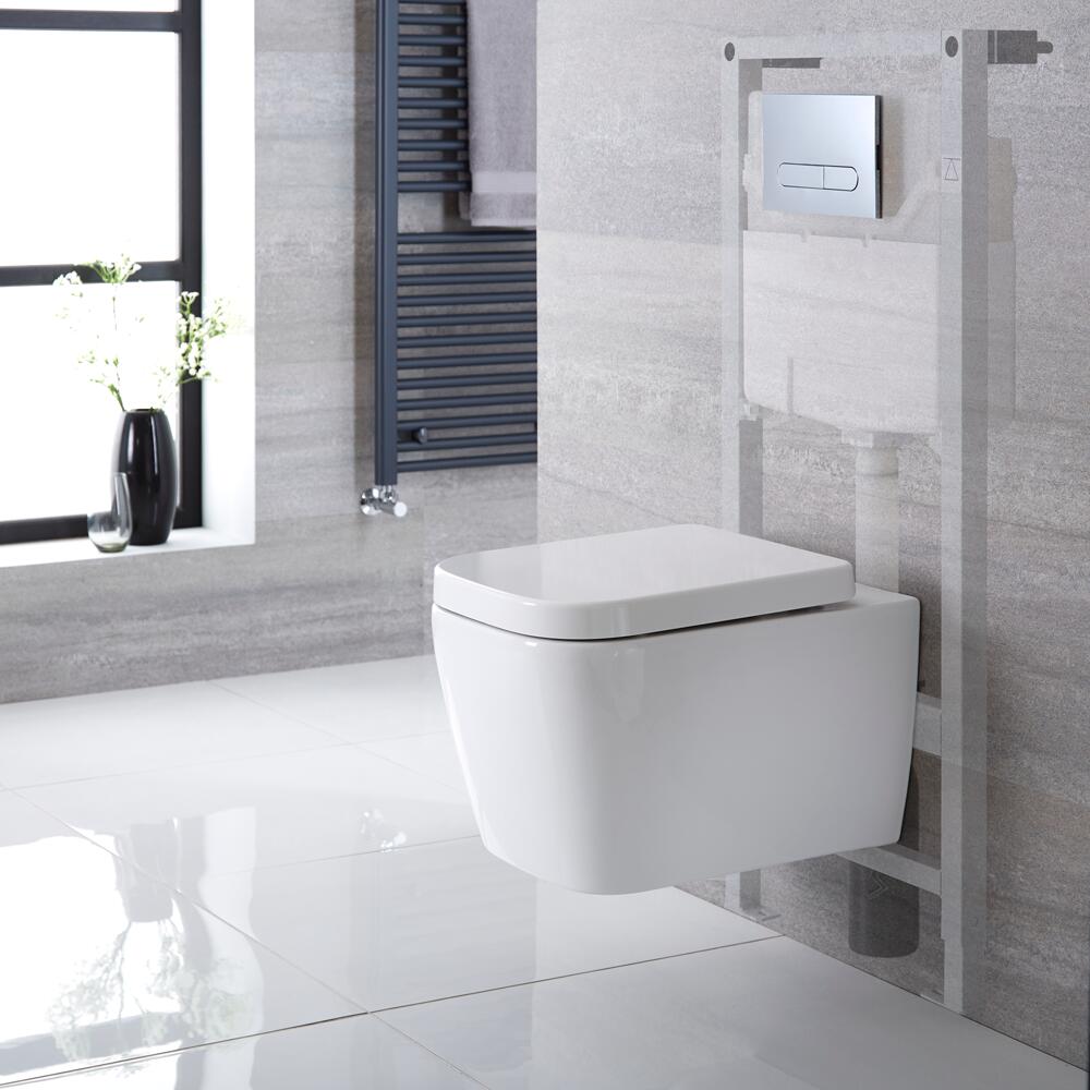 Sanitario Bagno WC Quadrato Sospeso 345x350x500mm con Sedile Copri WC Soft Close, Telaio con Cassetta ad Incasso con Placca di Comando per WC A Doppio Pulsante - Milton