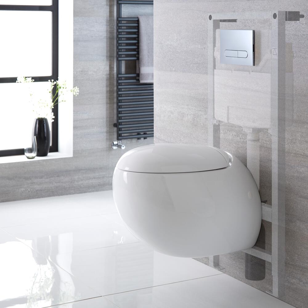 Sanitario Bagno WC Sospeso Ovale 420x350x590mm Completo di Sedile Copri WC Soft Close, Telaio con Cassetta ad Incasso con Placca di Comando per WC A Doppio Pulsante - Langtree