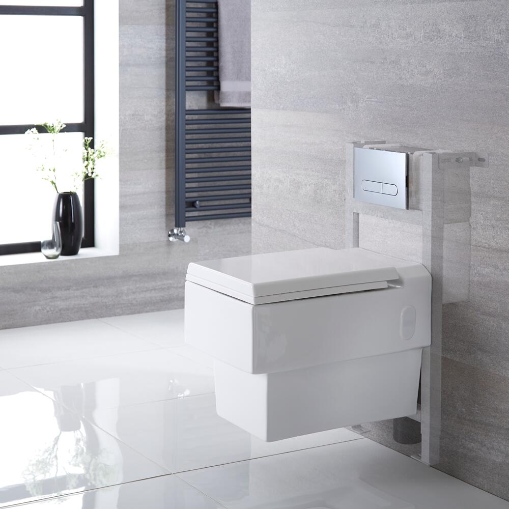Sanitario Bagno WC Quadrato Sospeso 410x340x440mm Completo di Sedile Copri WC Soft Close, Telaio con Cassetta ad Incasso con Placca di Comando per WC A Doppio Pulsante - Haldon