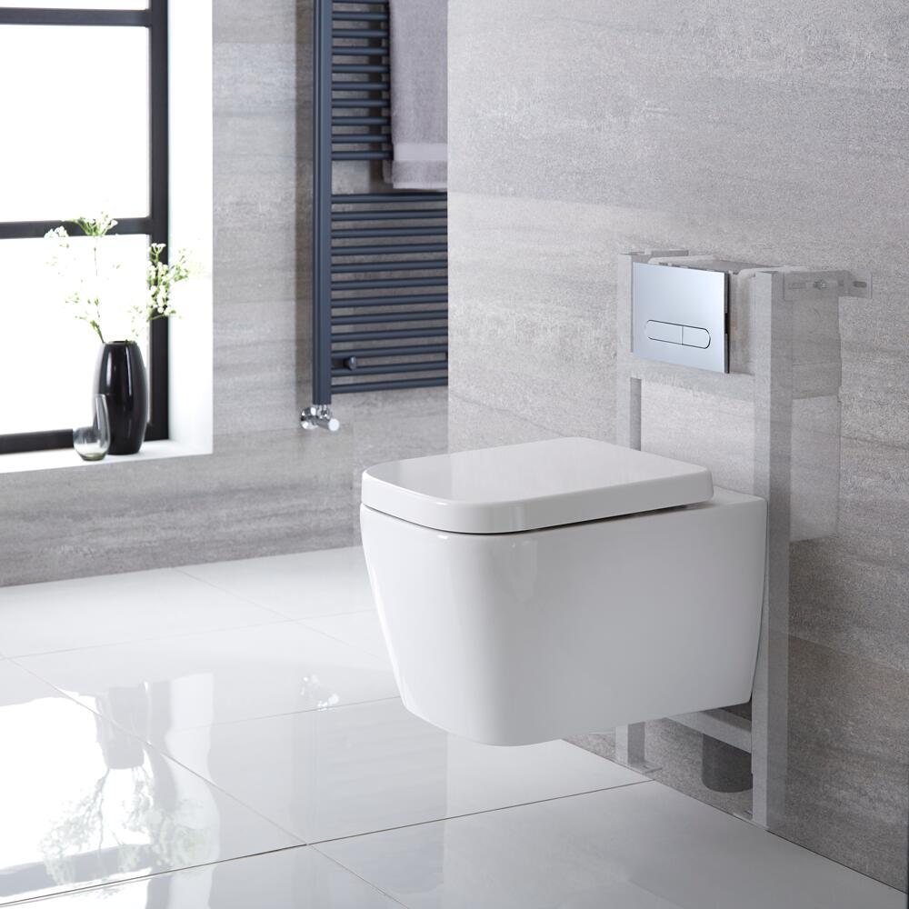 Sanitario Bagno WC Quadrato Sospeso 345x350x500mm Completo con Sedile Copri WC Soft Close, Telaio con Cassetta ad Incasso con Placca di Comando per WC A Doppio Pulsante - Milton