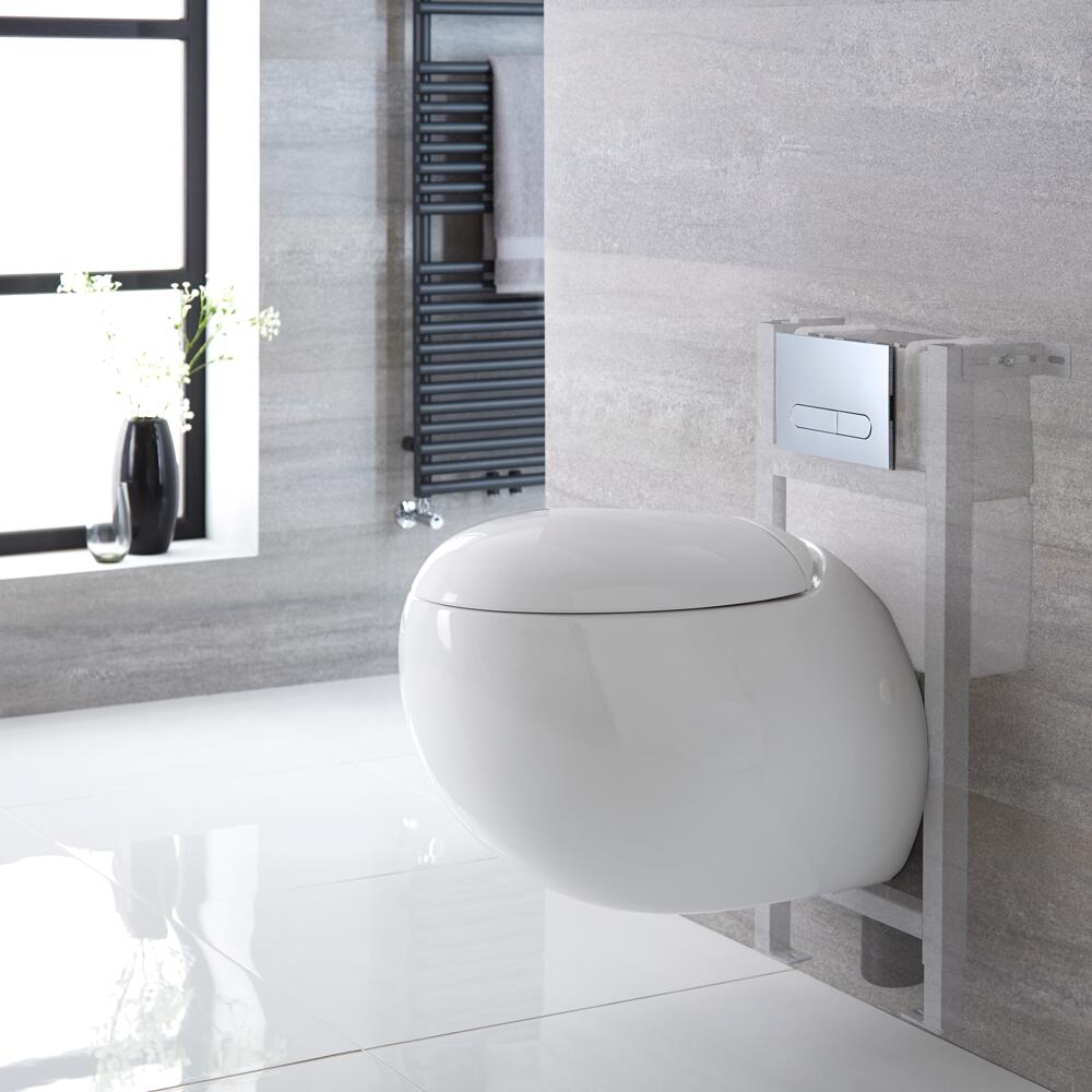 Sanitario Bagno WC Sospeso Ovale 340x360x585mm con Sedile Copri WC Soft Close, Telaio con Cassetta ad Incasso con Placca di Comando per WC A Doppio Pulsante - Langtree
