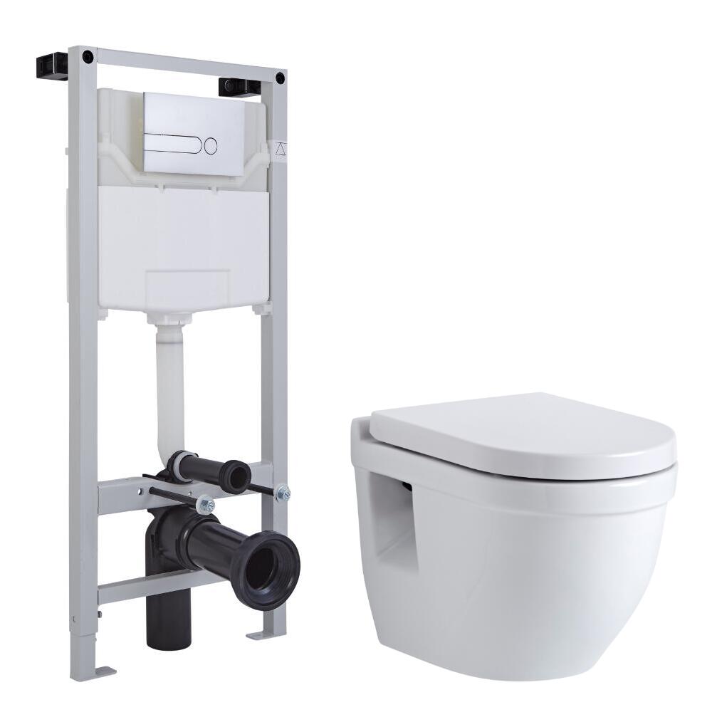 Sanitario Bagno WC Sospeso Ovale 400x360x515mm Completo con Sedile Copri WC Soft Close, Telaio con Cassetta ad Incasso con Placca di Comando per WC A Doppio Pulsante - Newby