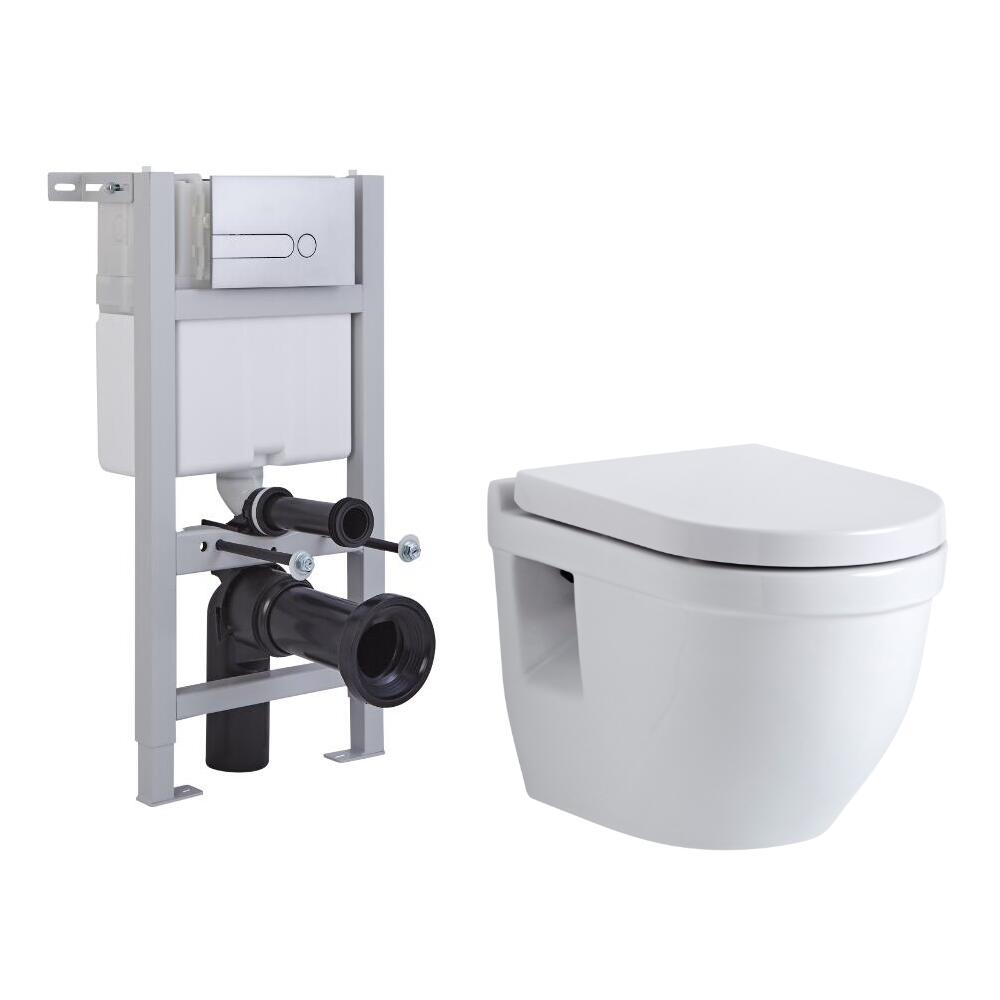 Sanitario Bagno WC Quadrato Sospeso 400x360x515mm Completo con Sedile Copri WC Soft Close, Telaio con Cassetta ad Incasso con Placca di Comando per WC A Doppio Pulsante - Haldon