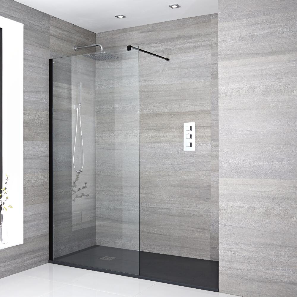 Kit Box Doccia Walk-In 1700 x 900 con Piatto Doccia in Antracite e Profilo in Nero