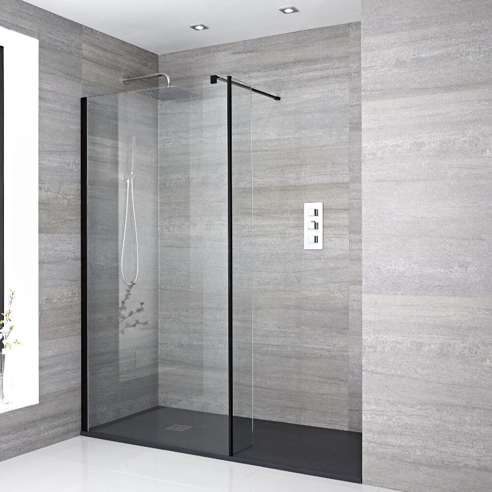 Kit Doccia Walk-In 1400 x 900 mm con Parete Doccia di 250 mm Profilo in Nero e Piatto Doccia in Antracite