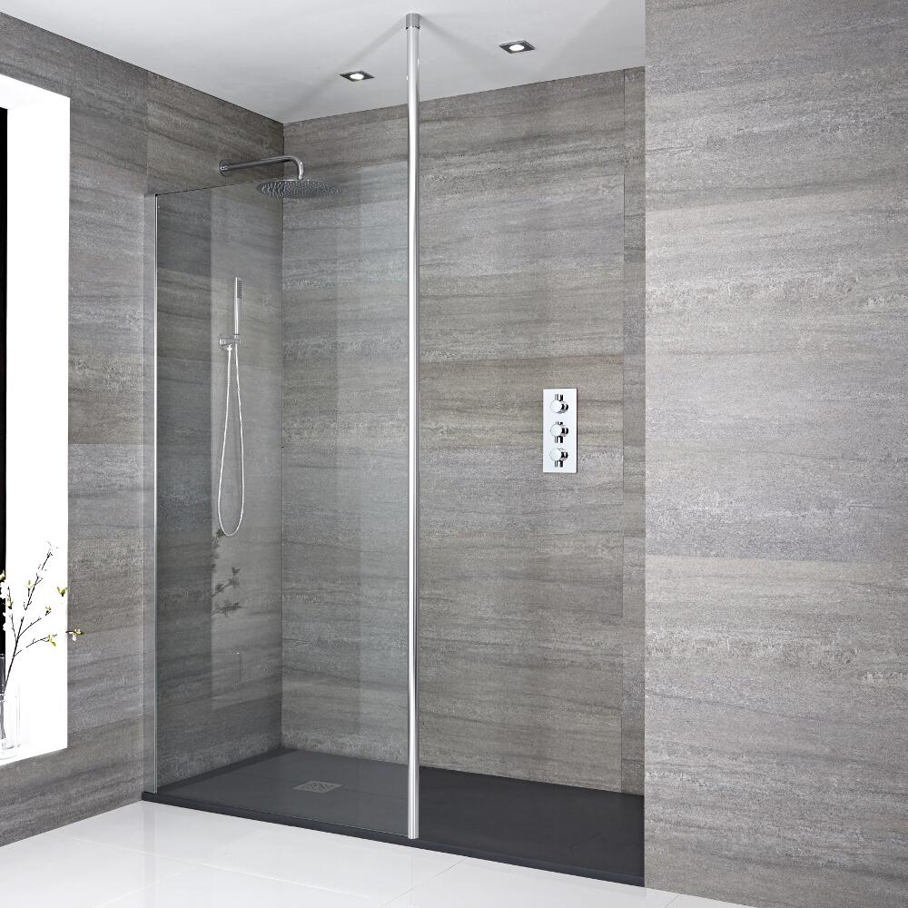 Kit Doccia Walk-In 1700 x 800 mm con Puntello da Pavimento a Soffitto con Piatto Doccia in Antracite