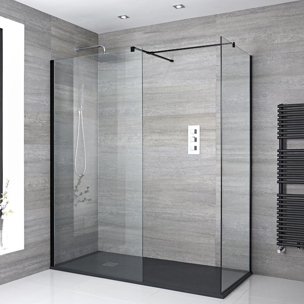 Kit Doccia Walk-In 1700 x 900 mm con 2 Pannelli di Vetro, Piatto Doccia in Antracite e Profilo in Nero