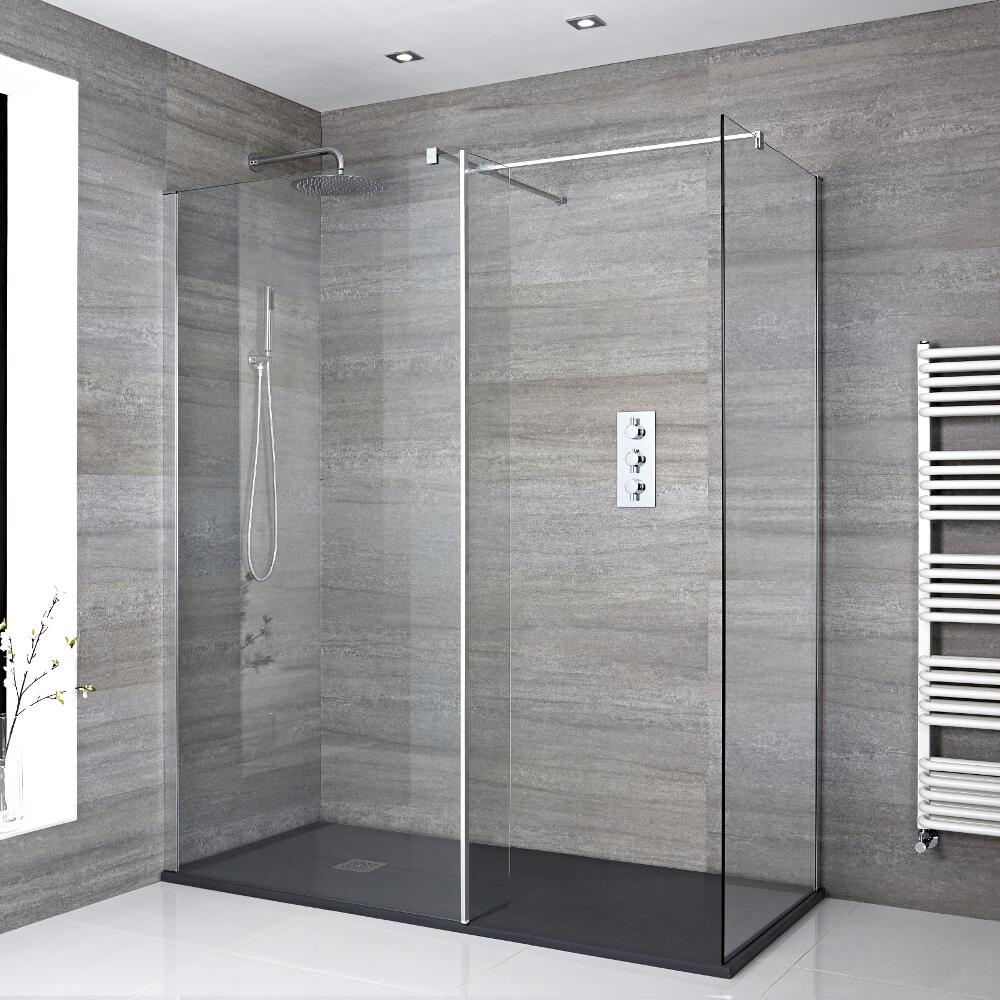 Kit Doccia Walk-In 1400x900mm con 2 Pannelli di Vetro, Parete Doccia e Piatto Doccia in Antracite – Portland